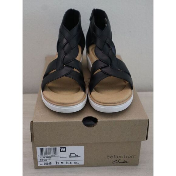 Collection x Clarks Wmn Sz 11 M Black Leather Jillian Bright Strappy Wedge Heels - Picture 1 of 12